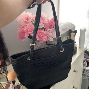 Michael Kors black fabric logo tote leather